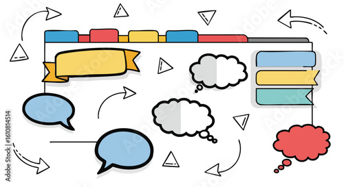 An illustration of a digital interface with speech bubbles and design elements, suggesting communication and information flow.