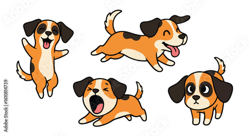 Cartoon dogs in various poses, expressing happiness, excitement, and playfulness in a group.
