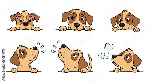 A collection of six cute cartoon puppies with brown and white fur, displaying various expressions and actions like peeking, sniffing, and exhaling.