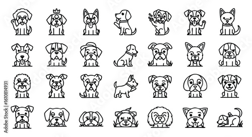 A diverse collection of thirty cute cartoon dog icons, featuring various breeds and playful expressions in simple black outline style.