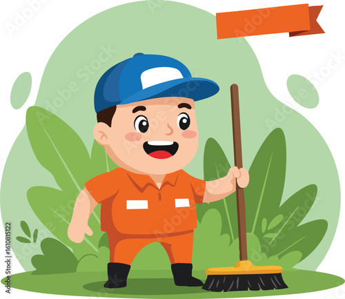 Happy janitor cleaning with broom in orange uniform and blue cap vector illustration in green nature background 