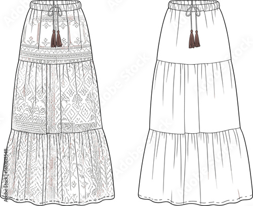Boho tiered skirt, fashion flat sketch, drawstring waist, ethnic pattern, stylish summer wear, long skirt design, cad drawing flat vector illustration
