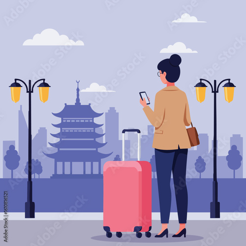 Woman traveler with pink suitcase using smartphone near traditional Asian pagoda in cityscape scene vector illustration