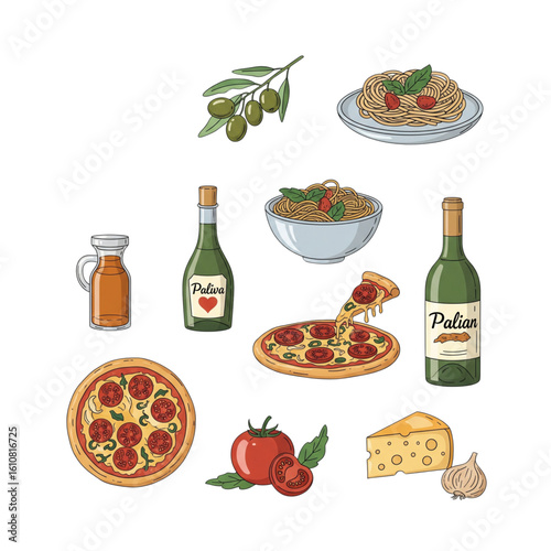 Realistic top view of Italian food dishes: pizza, pasta, lasagna, spaghetti, tomato sauce, olive oil, garlic, basil, parmesan cheese.