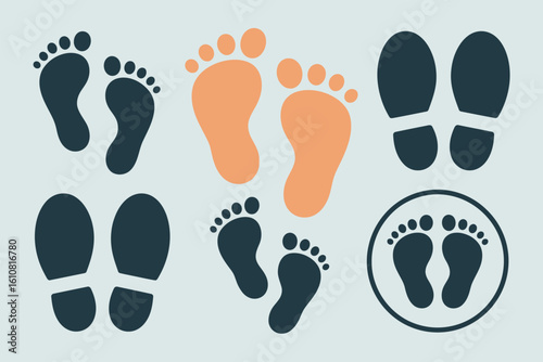Collection of diverse footprint and shoe print icons in various styles and colors