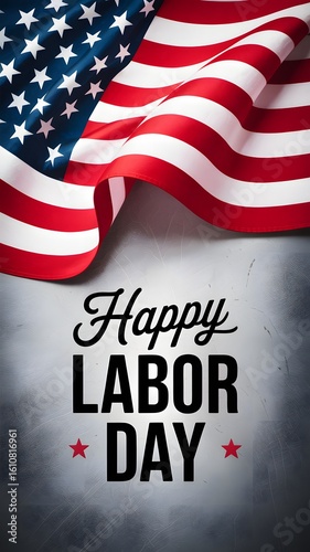 Labor Day Graphic Featuring American Flag and “Happy Labor Day” Text on Gray Gradient Background for Patriotic Tribute Design