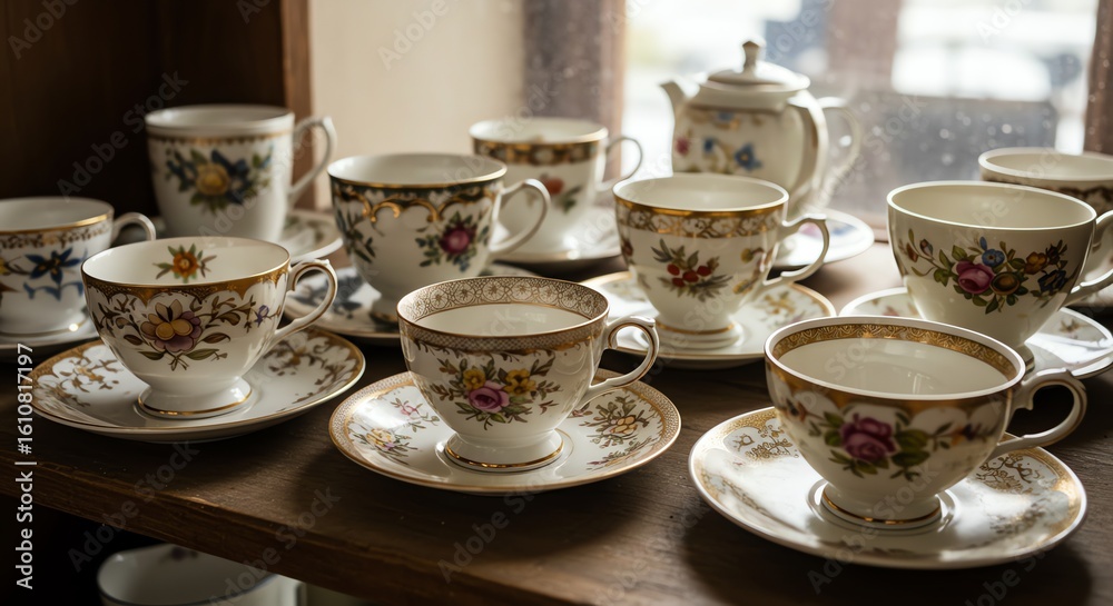 Fototapeta premium Vintage Teacups and Saucers on Shelf
