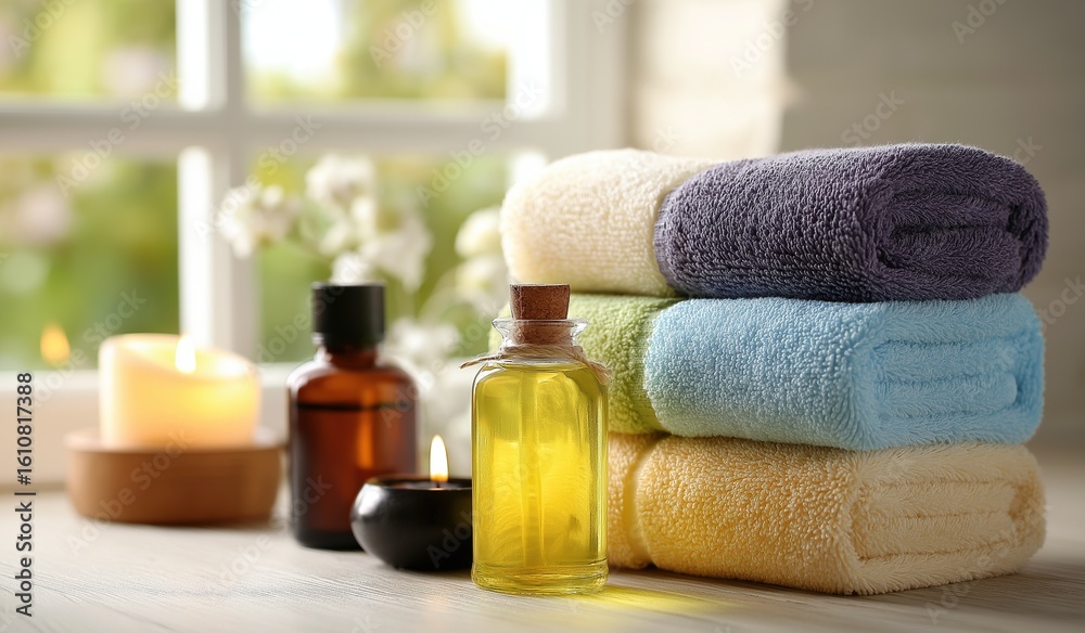 Relaxing spa setup with stacked colorful towels, essential oil bottles, and glowing candles on a softly lit table, blurred background enhancing focus on self-care essentials Relaxing spa setup with stacked colorful towels, essential oil bottles, and glowing candles on a softly lit table, blurred background enhancing focus on self-care essentials