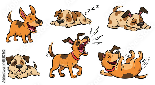 A collection of cartoon dogs displaying various emotions and activities.
