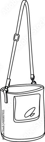 Bucket bag sketch, adjustable strap design, front pocket detail, zipper closure illustration, fashion accessory outline, everyday use concept, cad drawing flat vector illustration