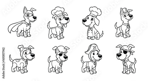 Eight cartoon dogs, each dressed in different costumes, smiling happily, in a row.