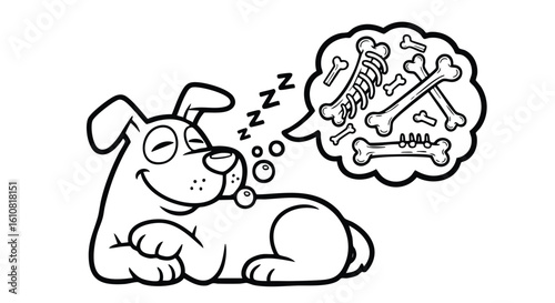 A sleeping cartoon dog dreams of bones, visualizing a tasty meal.