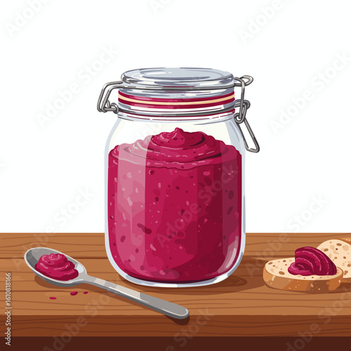 Berry jam in jar with spoon and slice of bread on wooden table  