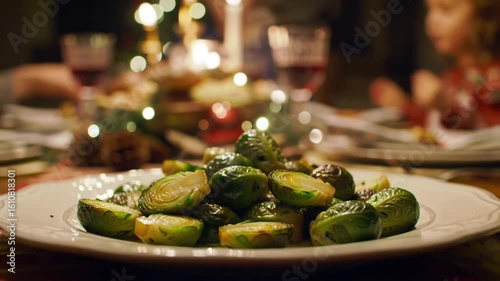 Festive Brussels Sprouts Featuring Holiday Lights and Wine Glasses