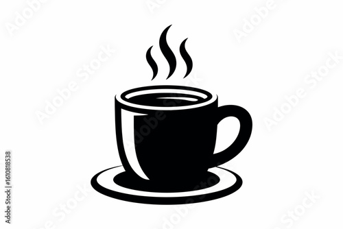 Simple black silhouette of a steaming coffee mug on a saucer