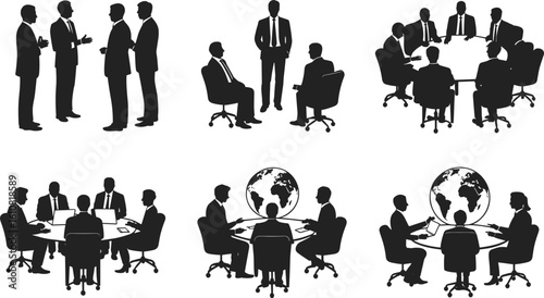 Business meeting silhouettes, corporate teamwork, group discussion, office collaboration, professional men, global strategy, business presentation, formal attire, leadership, teamwork, communication