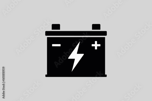 Black car battery icon with lightning bolt and positive negative terminals