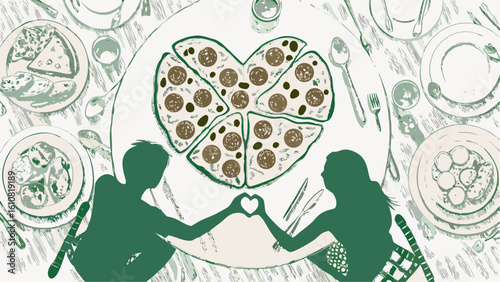 Couple sharing heart shaped pizza at a romantic dinner with plates and cutlery on a table top view