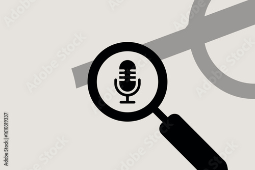 Magnifying glass focused on a microphone icon representing audio search or podcast investigation