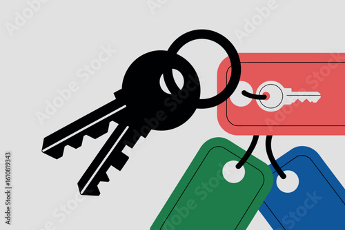 Bunch of keys with colorful tags on a keyring