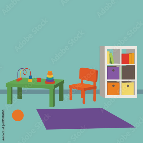 Childrens playroom interior with green table orange chair and white bookshelf vector illustration 