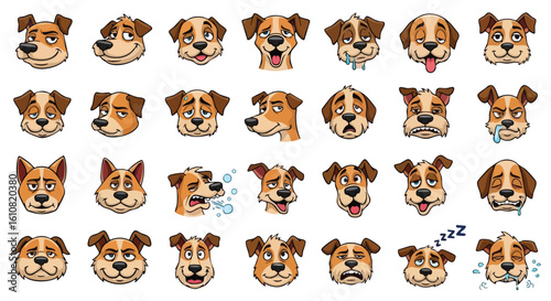 Collection of cartoon dog heads displaying various emotions and expressions, including happiness, sadness, and sleepiness.