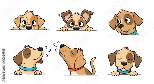Six cartoon dog faces in different poses and expressions, peering over edges, sniffing, and with eyes closed.