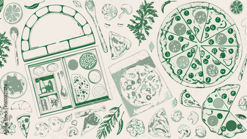 An illustration of a pizza oven with pizza boxes and slices of pizza with various toppings around it