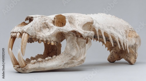 Frosted cave bear skull fossil, ice age giant relic, science education visual model with ancient biological details.