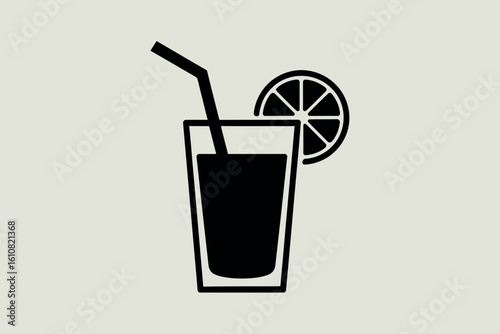 Simple black icon of a tall glass filled with dark liquid and a straw with a lemon slice garnish