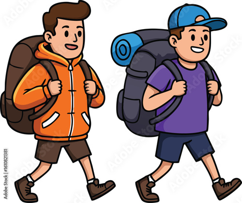 Two young hikers with backpacks walking outdoors in casual clothes and shoes vector illustration 