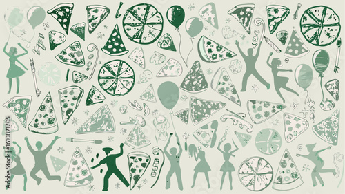 Celebratory scene with pizza slices balloons and dancing figures in muted green tones scattered randomly