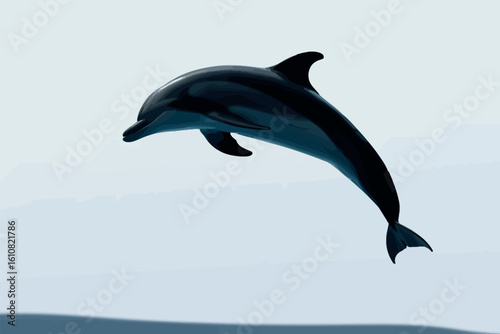 A graceful dolphin leaps out of the water against a bright sky