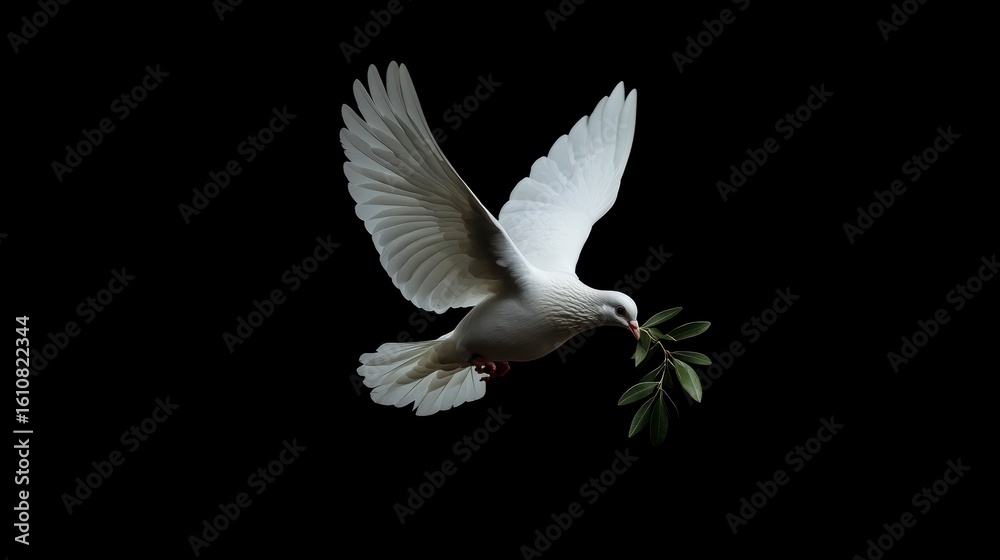 Obraz premium White dove in flight carrying an olive branch against a black background.