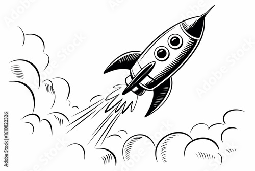 Retro cartoon rocket blasting off with smoke and fire
