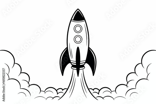 Retro style rocket ship launching with smoke and flames