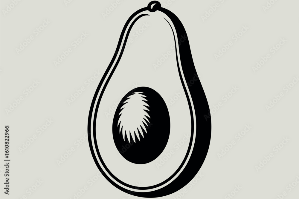 Simple black and white illustration of a halved avocado with pit Simple black and white illustration of a halved avocado with pit