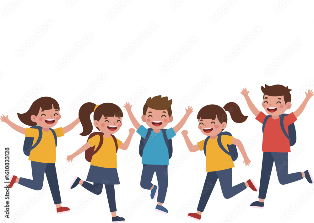 Group of happy children running with backpacks in cheerful playful outdoor activity vector illustration Group of happy children running with backpacks in cheerful playful outdoor activity vector illustration