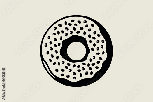Hand drawn illustration of a bagel with sesame seeds in black and white