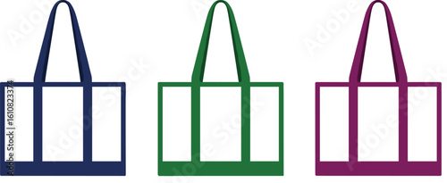 Minimalist tote bag trio in blue, green, and purple—fashion accessory mockup for e-commerce, product packaging, or textile design template