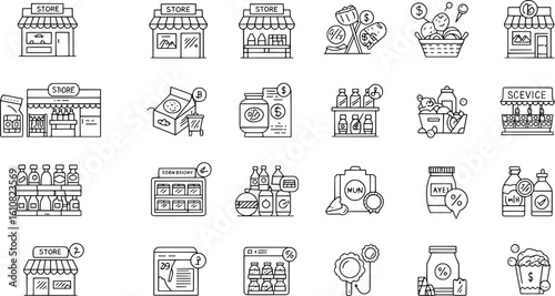 Various store icons and shopping symbols representing retail, commerce, and consumerism concepts
