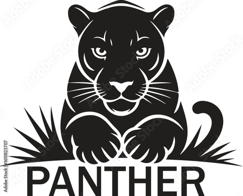 A graphic illustration of a black panther with the word panther below it on a white background