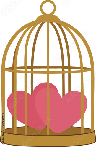 Heart shapes inside golden birdcage illustration symbolizing love and confinement concept vector design 