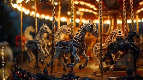 Spooky carousel horses spin under glowing lights for Halloween