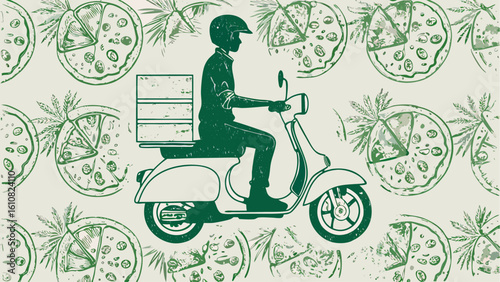 Delivery man on scooter with pizza boxes against a pizza patterned background in green and off white color