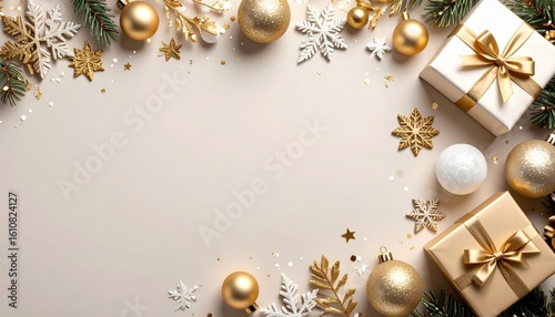 Festive holiday decorations with gold and white ornaments christmas present arrangement indoor aesthetic viewpoint celebration concept