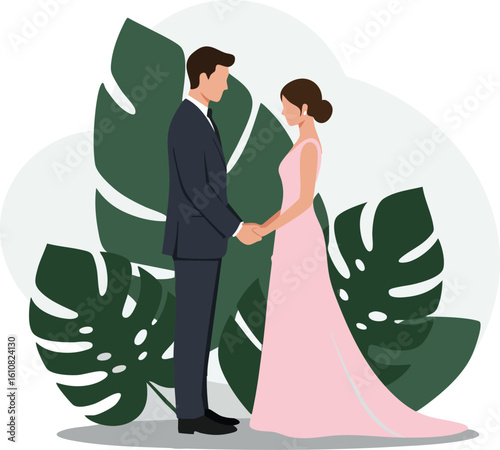 Bride and groom holding hands with tropical leaves background wedding ceremony vector illustration 