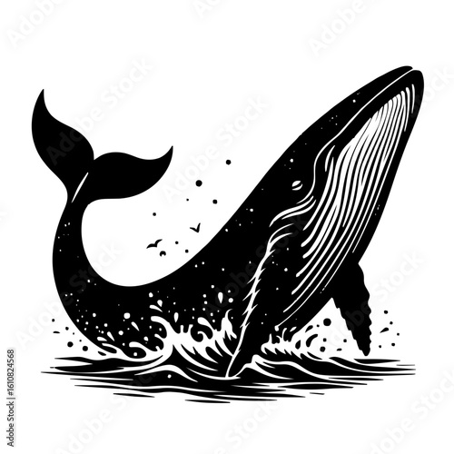 Black and white huge whale vector image without background, Majestic whale swimming and jumping out of water.