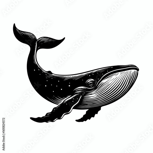 Black and white huge whale vector image without background, Majestic whale swimming and jumping out of water.