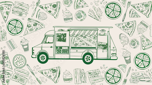 Illustration of a food truck surrounded by pizza slices, sandwiches, and desserts in green and white